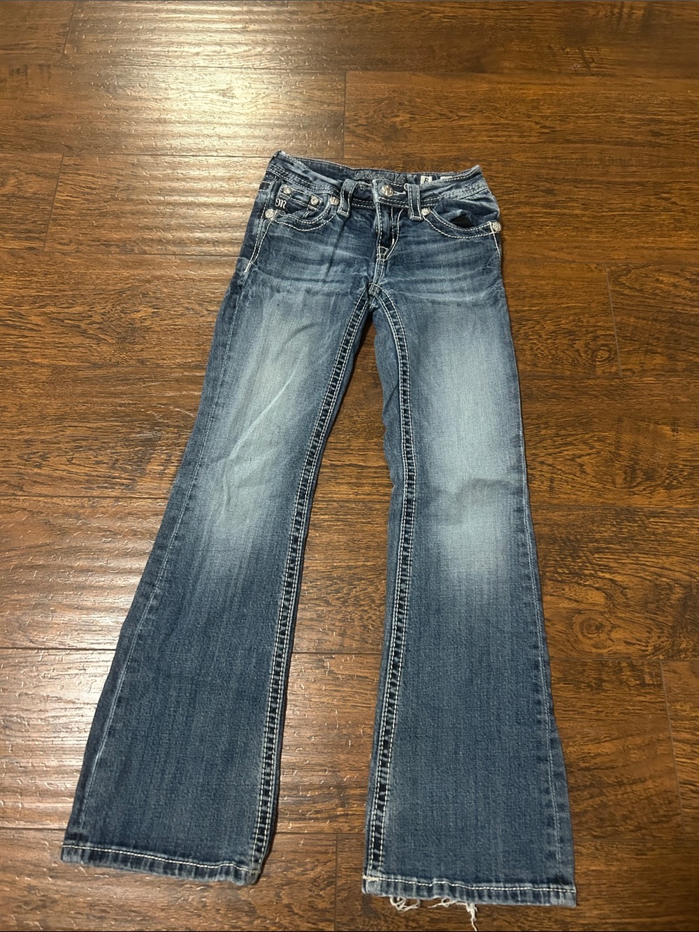 Miss Me Girls Bootcut Jeans in Washed Blue Denim